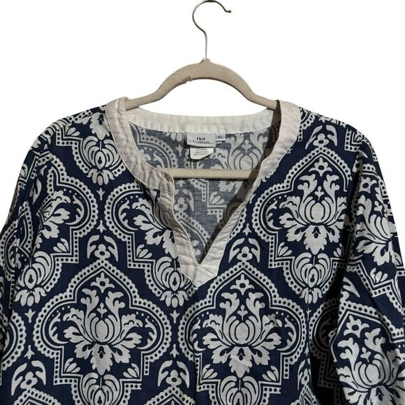 Hot Cotton Tunic Top Womens XL Multicolor Boho Artsy Print Linen Blend Blouse - Picture 2 of 9